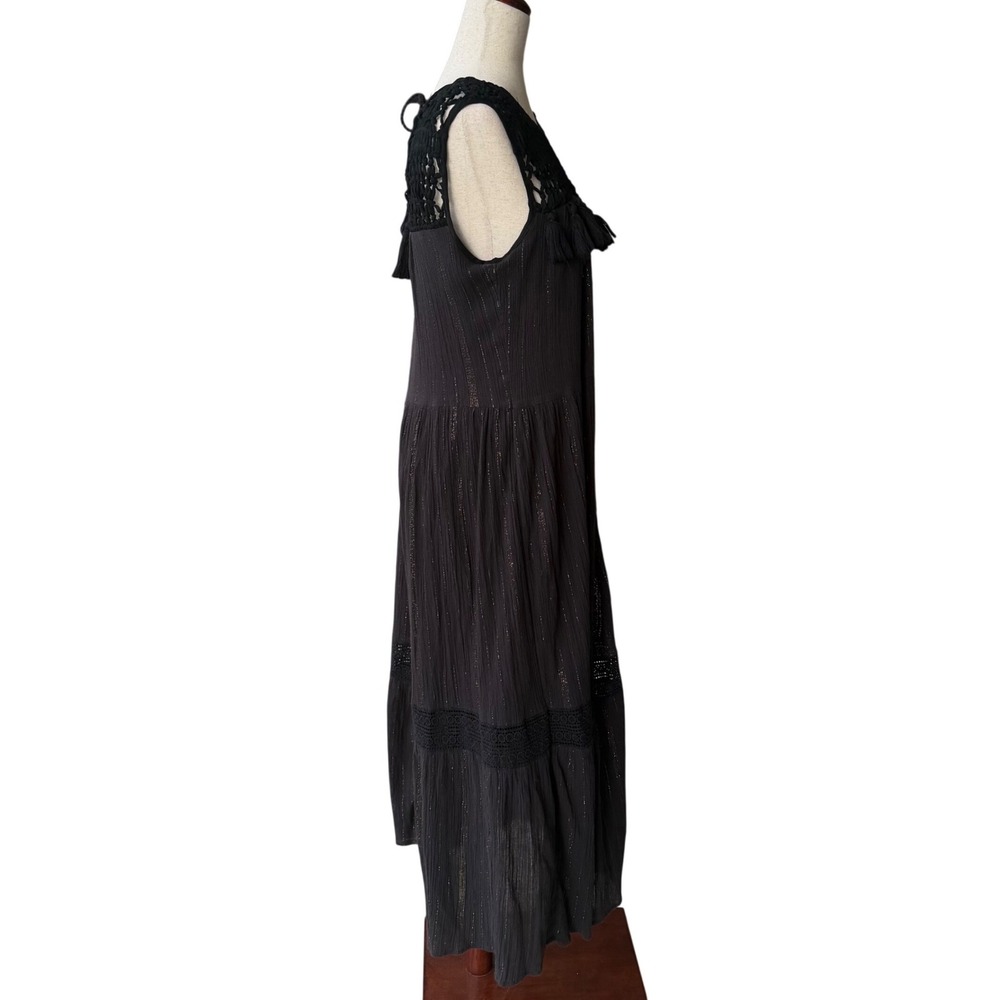 Maeve Anthropologie Black Metallic Stripe Boho Crochet Tassel Maxi Dress Small - Picture 10 of 10